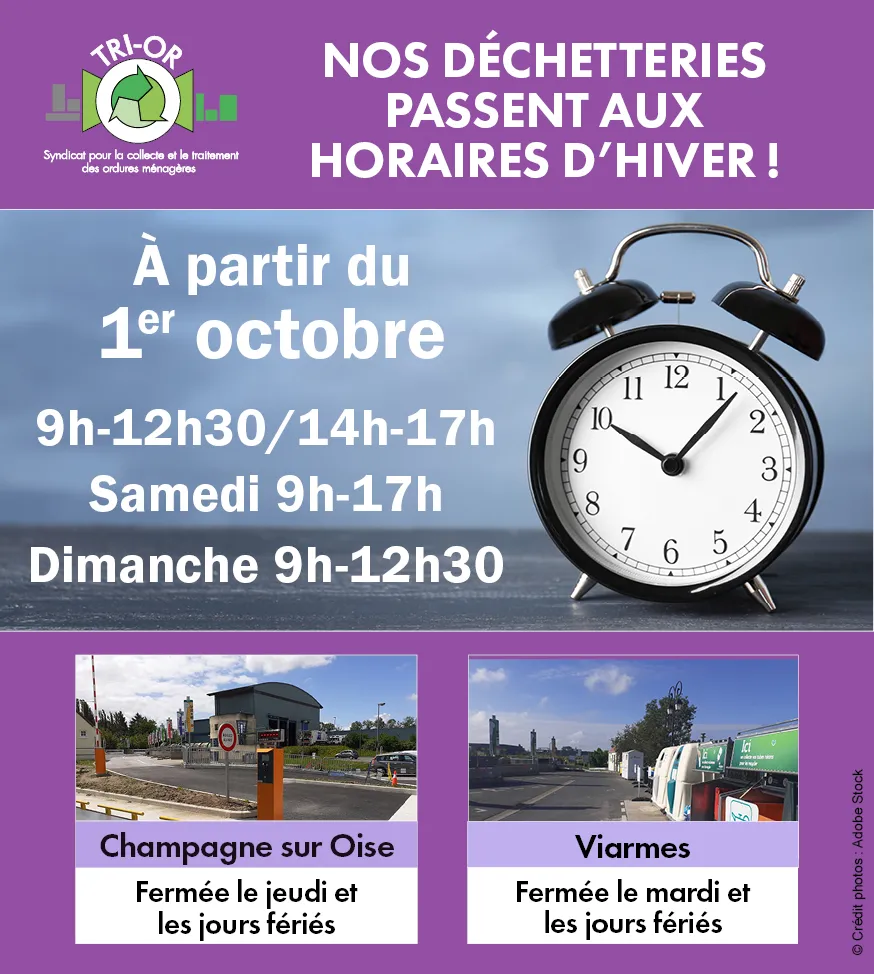 Lire la suite de l'actualité TRI-OR : à partir du jeudi 1er octobre, les déchetteries passent aux horaires d&rsquo;hiver !